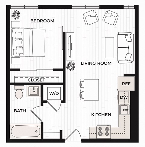 Floor plan for 1 bed, 1 bath, 578 sqft
